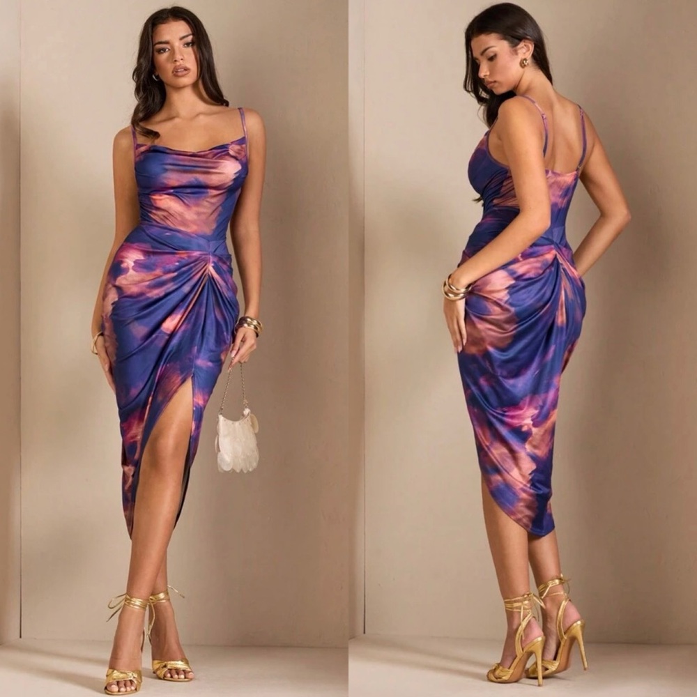 Purple & Pink Tie-Dye Satin Midi Dress with Side Drape